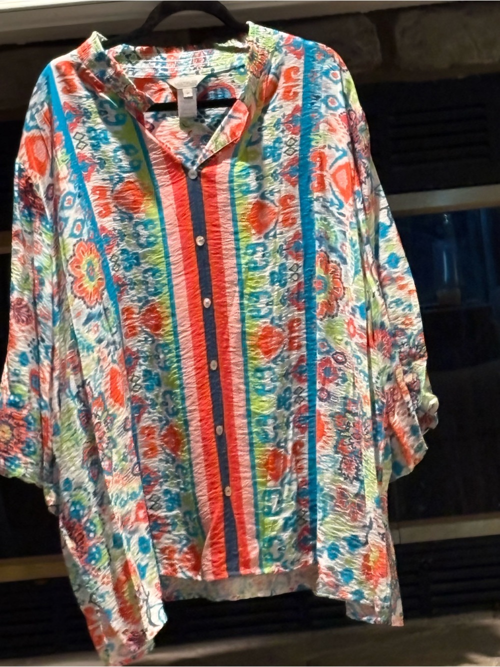 Multiples Multi-Color Striped Floral Button-Front Blouse